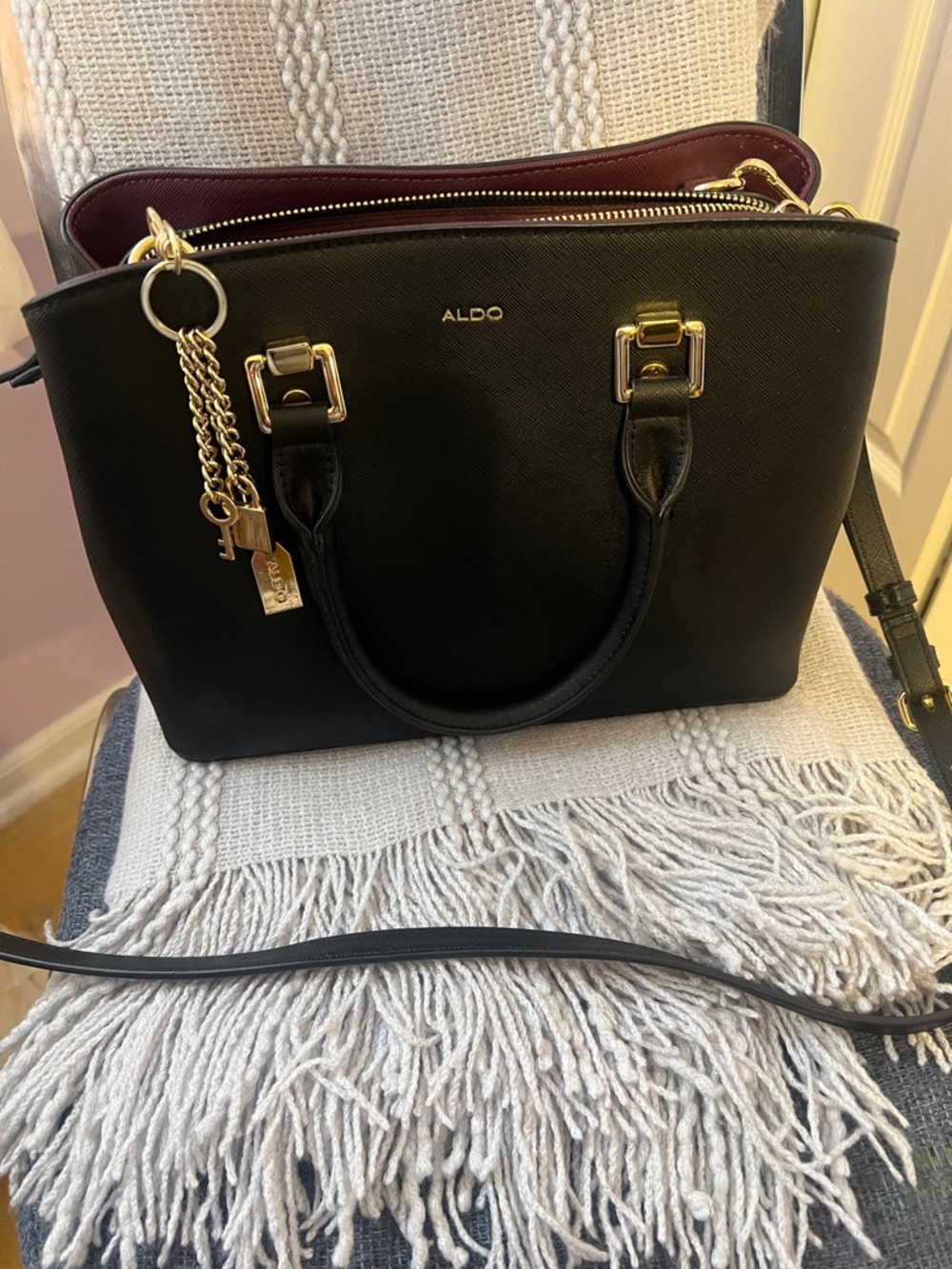 Aldo Black Satchel with Burgundy Interior and Gold Charm